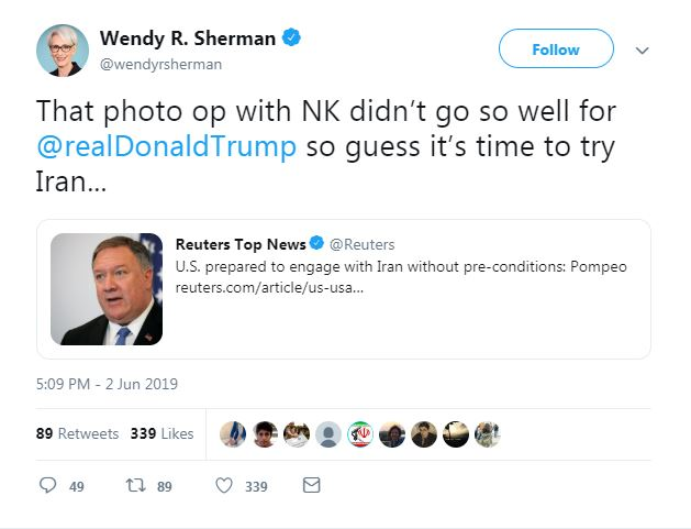 واکنش شرمن به پیشنهاد پامپئو برای مذاکره «بدون پیش‌شرط» با ایران