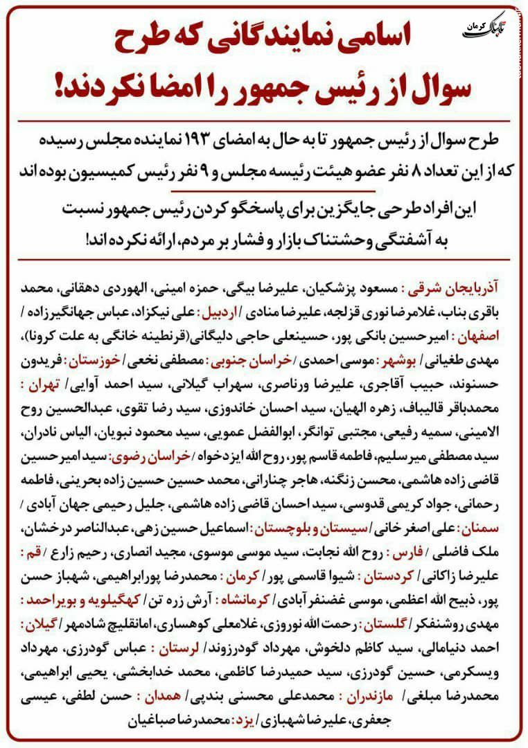اسامی نمایندگانی که طرح سؤال از رئیس جمهور را امضا نکردند! اسامی نمایندگانی که طرح سؤال از رئیس جمهور را امضا نکردند!